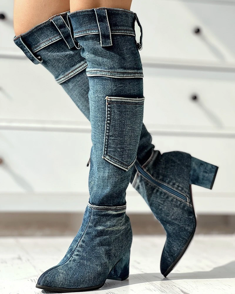 Denim Boots Pockets Women Women's Denim Shoes Women's High Boots