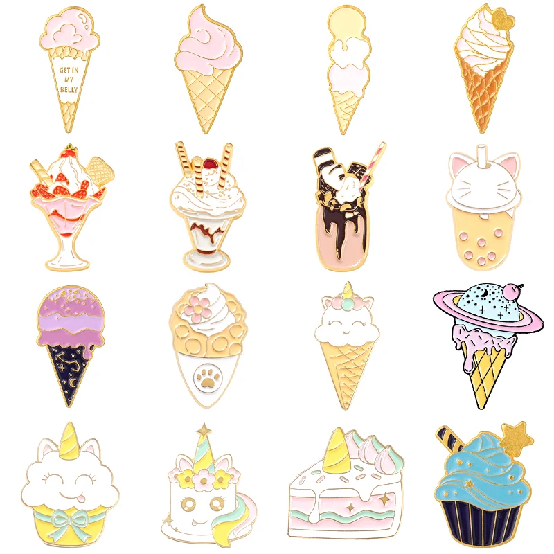 

Sweet Cute Cream Ice Cream Cake Enamel Pins Planet Cup Chocolate Colorful Flowers Bread Cone Alloy Brooch Badge Jewelry Gift