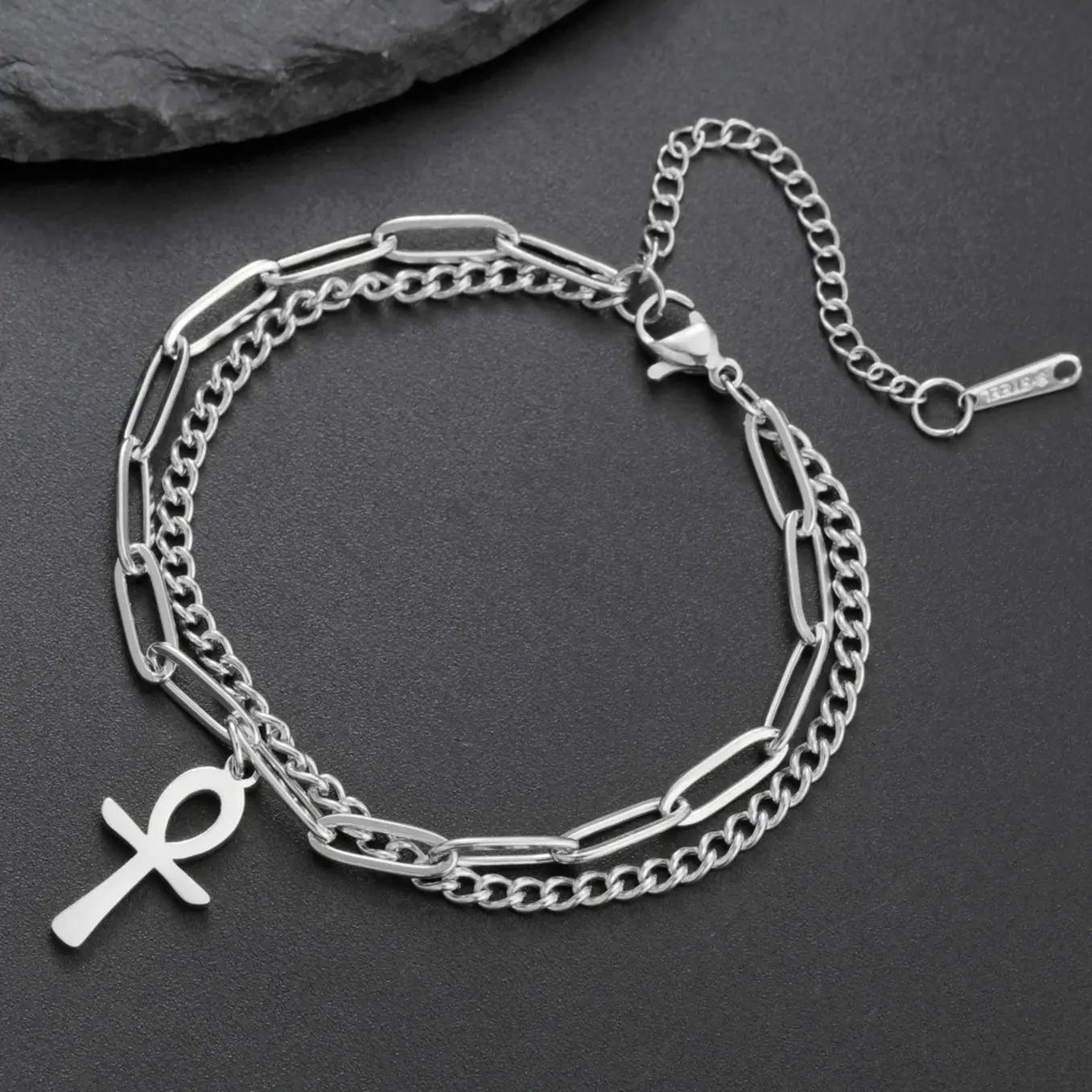 LIKGREAT Vintage Egypt Bracelet Ankh Charms Stainless Steel Bracelets Women Jewelry Double Chain Life Symbol Cross Amulet Anni - Image 2
