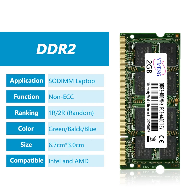 DDR2 2GB 노트북 메모리 Ram PC2 6400 5300 1.8V 200Pin 667 800Mhz SODIMM 비 ECC 버퍼링되지 않은 노트북 메모리 Ram