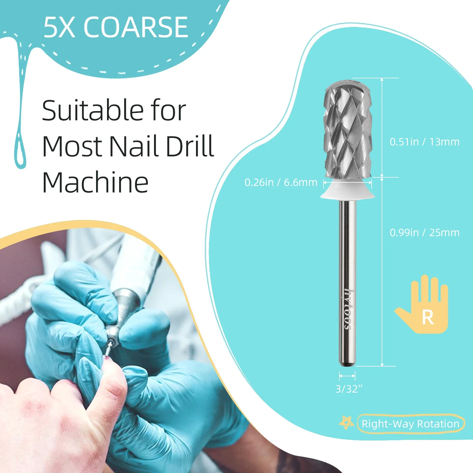 HYTOOS 5XC Safety Acrylic Nail Drill Bit Rounded Top Barrel Carbide Drill Bit for Nails Thick Gel Remover Manicure Accessories