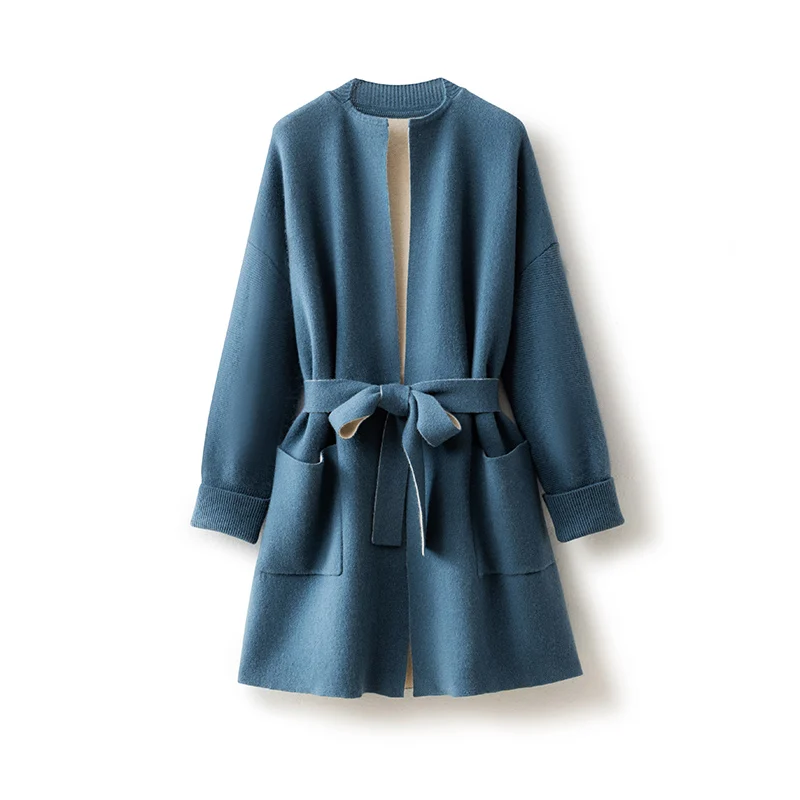 

100% Pure Cashmere Women's Coat Solid Color Knitted High Grade Fashion Long Sleeve Cardigan Women's Sweater 2023 New O-Neck Coat