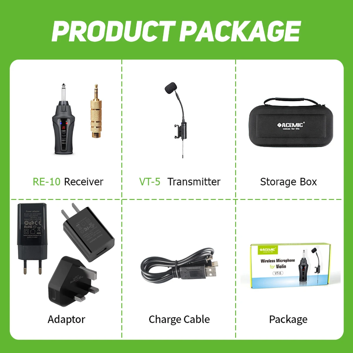 Acemic VT-5 무선 바이올린 마이크 시스템, 바이올리니스트 연주 녹음 무대 공연용 UHF 콘덴서