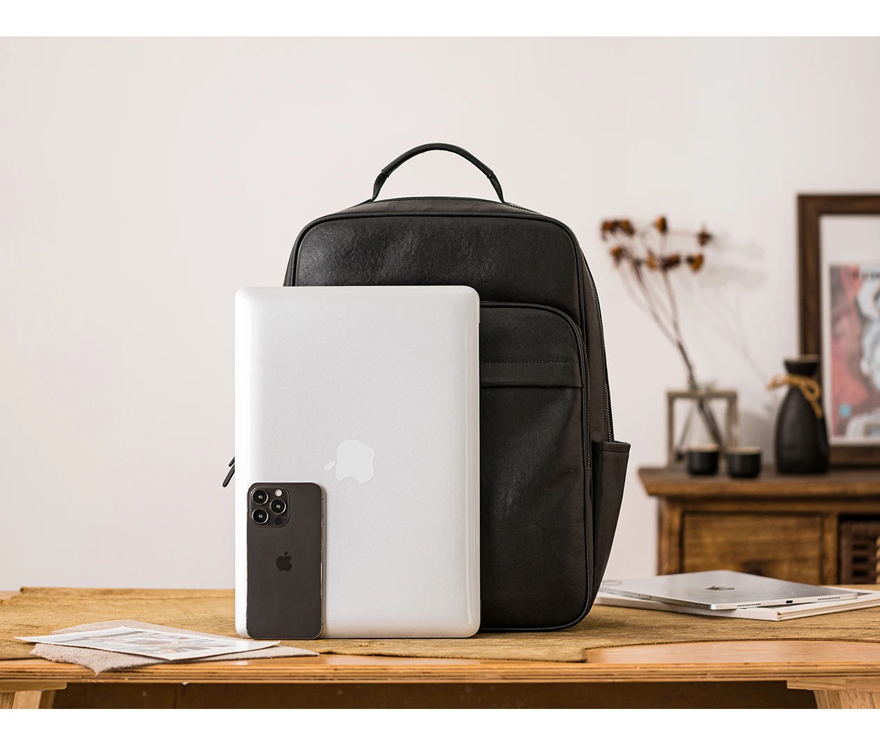 PNDME Outdoor-Reise-Luxus-Laptop-Rucksack aus echtem Leder für Herren, schlicht, lässig, Designer, handgefertigt, Rindsleder, schwarze Büchertasche – Detail 19