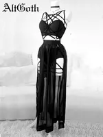 AltGoth Gothic Nightclub Sexy Skirt Set Women See Through Mesh Backless Crop Tops Emo Alt Punk High Waist Underpants Skirt 3pcs 1
