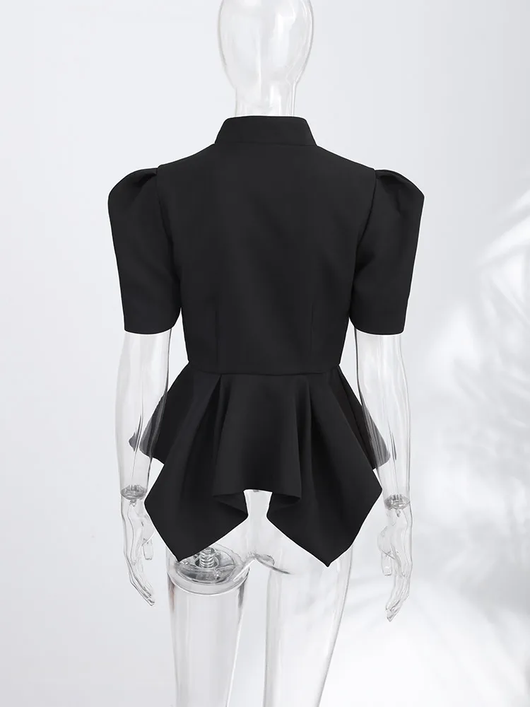 Ausgeschnittenes Puffärmel-Oberteil mit Taillenschnürung und Rüschensaum für Damen, Sexy Stehkragen, Einreihig, Schlankes Top, Schicke Damen-Partykleidung – Detail 7