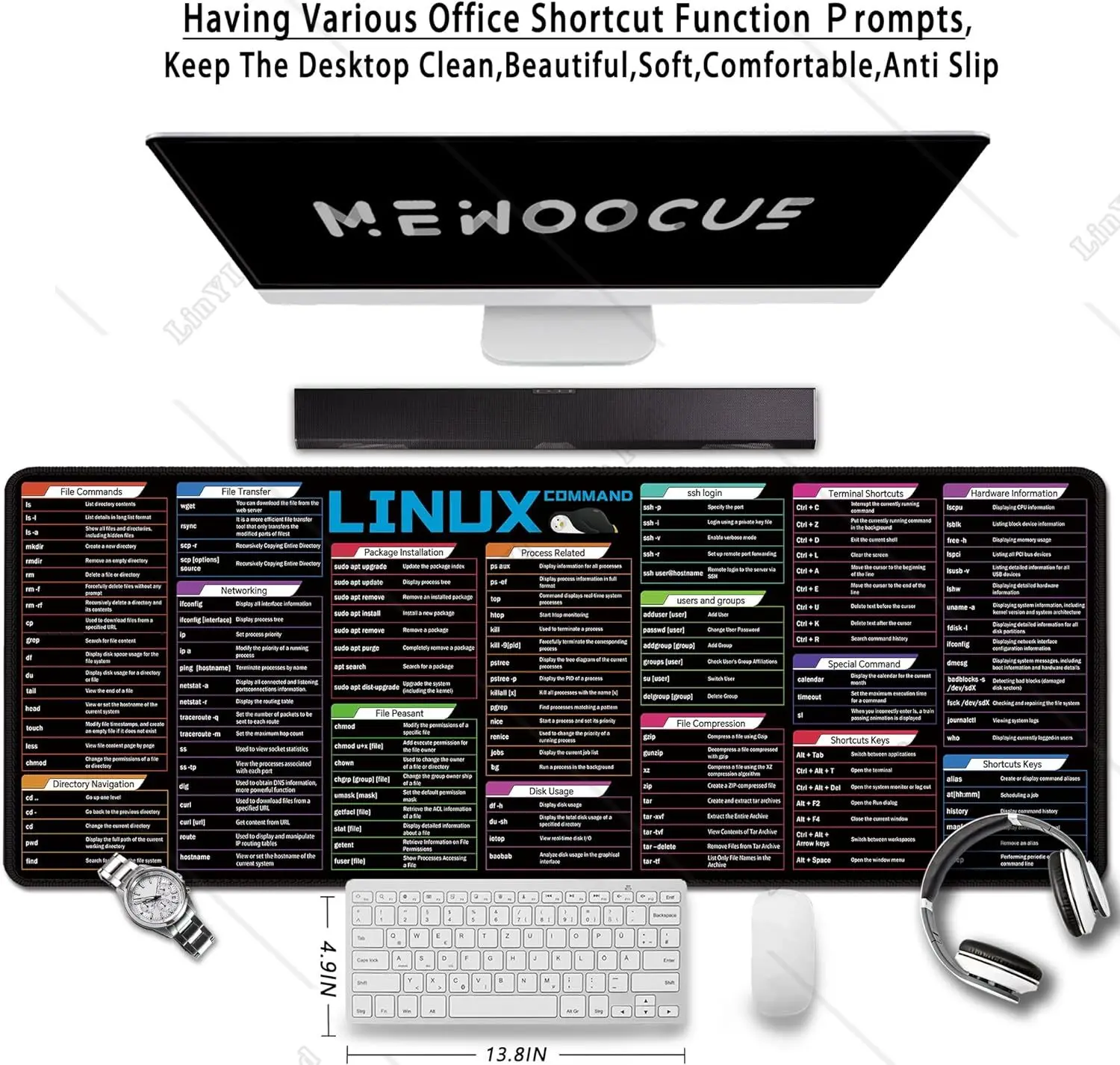 Linux File Commands Line Black Large Cheat Sheet Mousepad for File Transfer/Networking/Package Installation/Disk Usage/SSH login 2