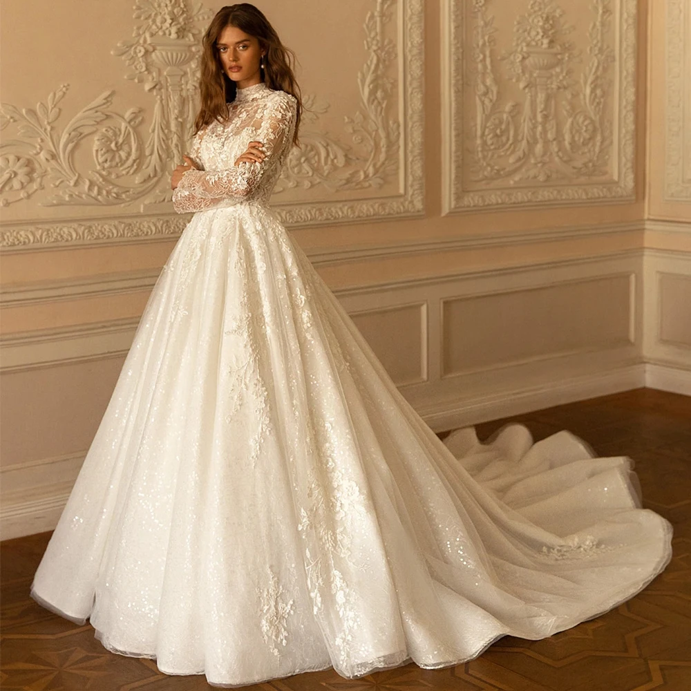 white christmas dresses DeKlaire 478 Lace Wedding Gown – Illusion Boat Neck & Long Sleeves Champagne / S