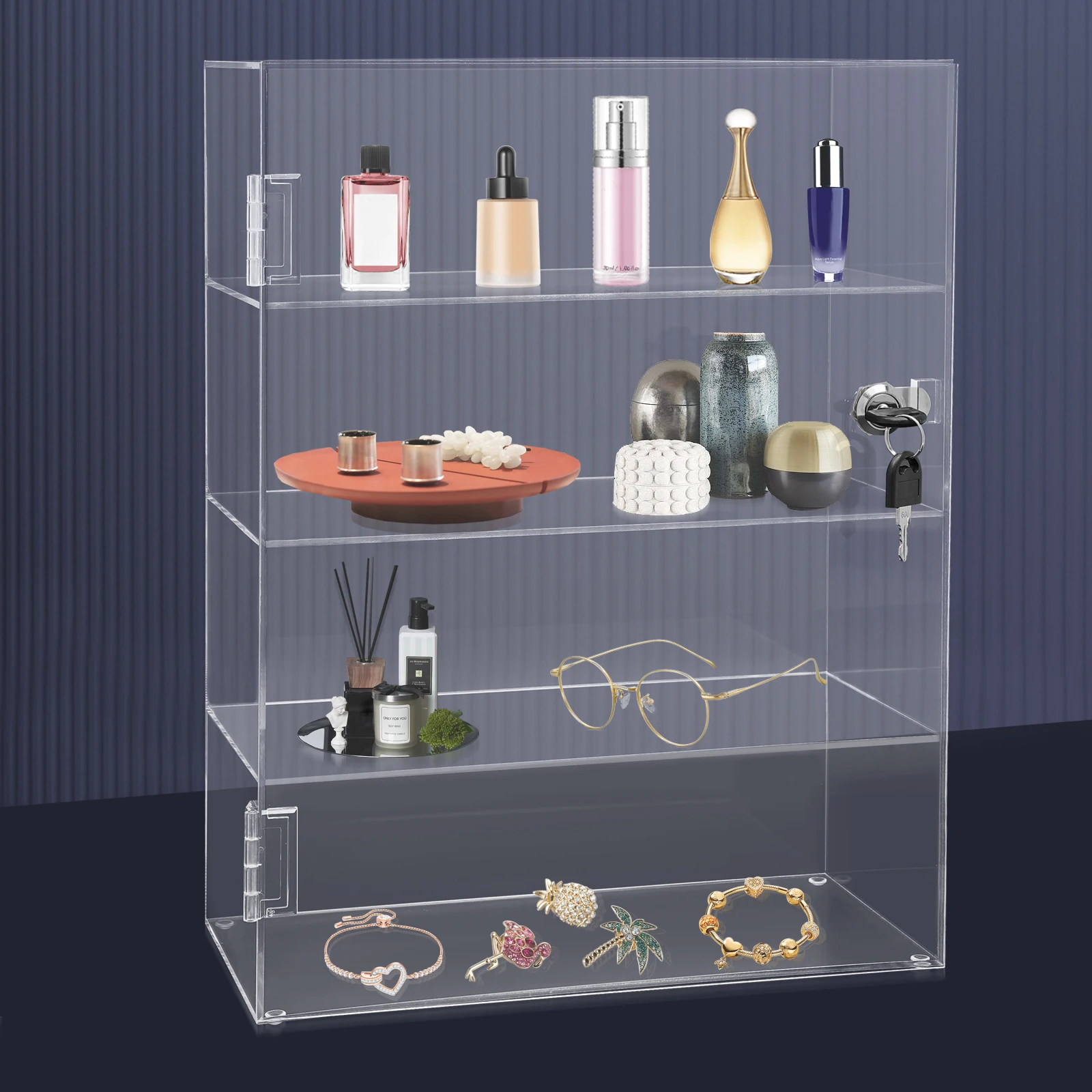 

Clear Acrylic Display Case With Lock Countertop Box Dustproof Shelves Showcase 4 Layers Clear Acrylic Countertop Display Case