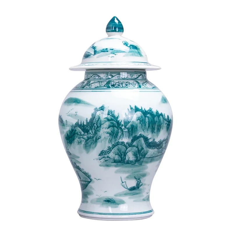 Jingdezhen Ceramics Green and White Ginger Jar with Lid Vase Decoration Living Room Ginger Jar Chinese Home Porch Cabinet Decor 6
