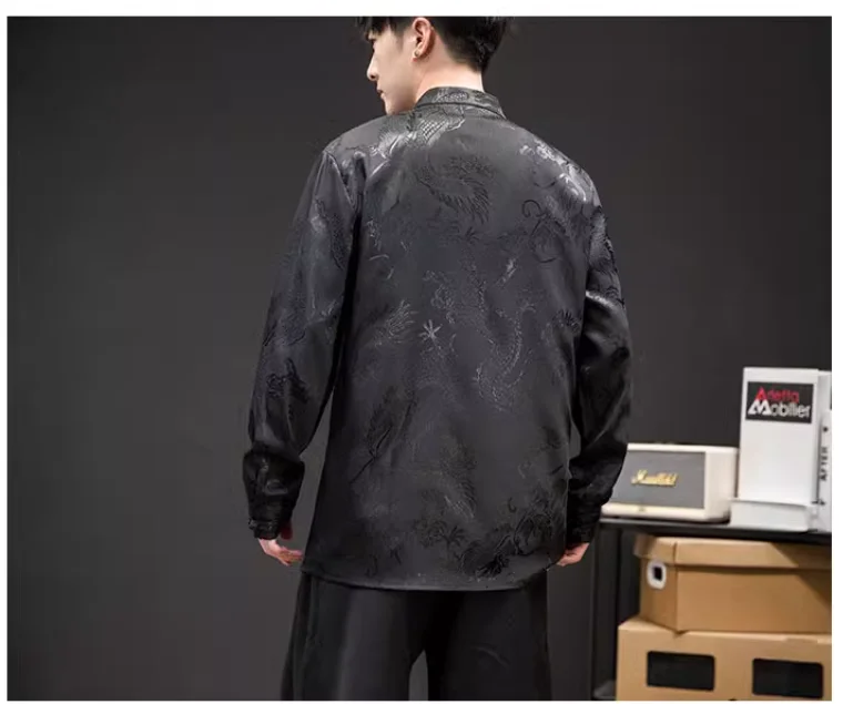Long Sleeve Shirt Men Casual Shirt Silk Shirt Spring Summer Men's Chinese Shirt Satin Silk Vintage Coat Hanfu Tops Ethnic Style Clothing Tang Collar Shirt