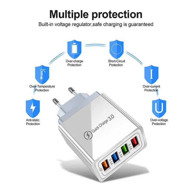 شاحن سريع USB متعدد المنافذ ، 3A ، 4 USB ، شحن سريع ، محول هاتف ، كمبيوتر لوحي ، حائط محمول ، شاحن سريع لـ Poco ، EU ، قابس لنا