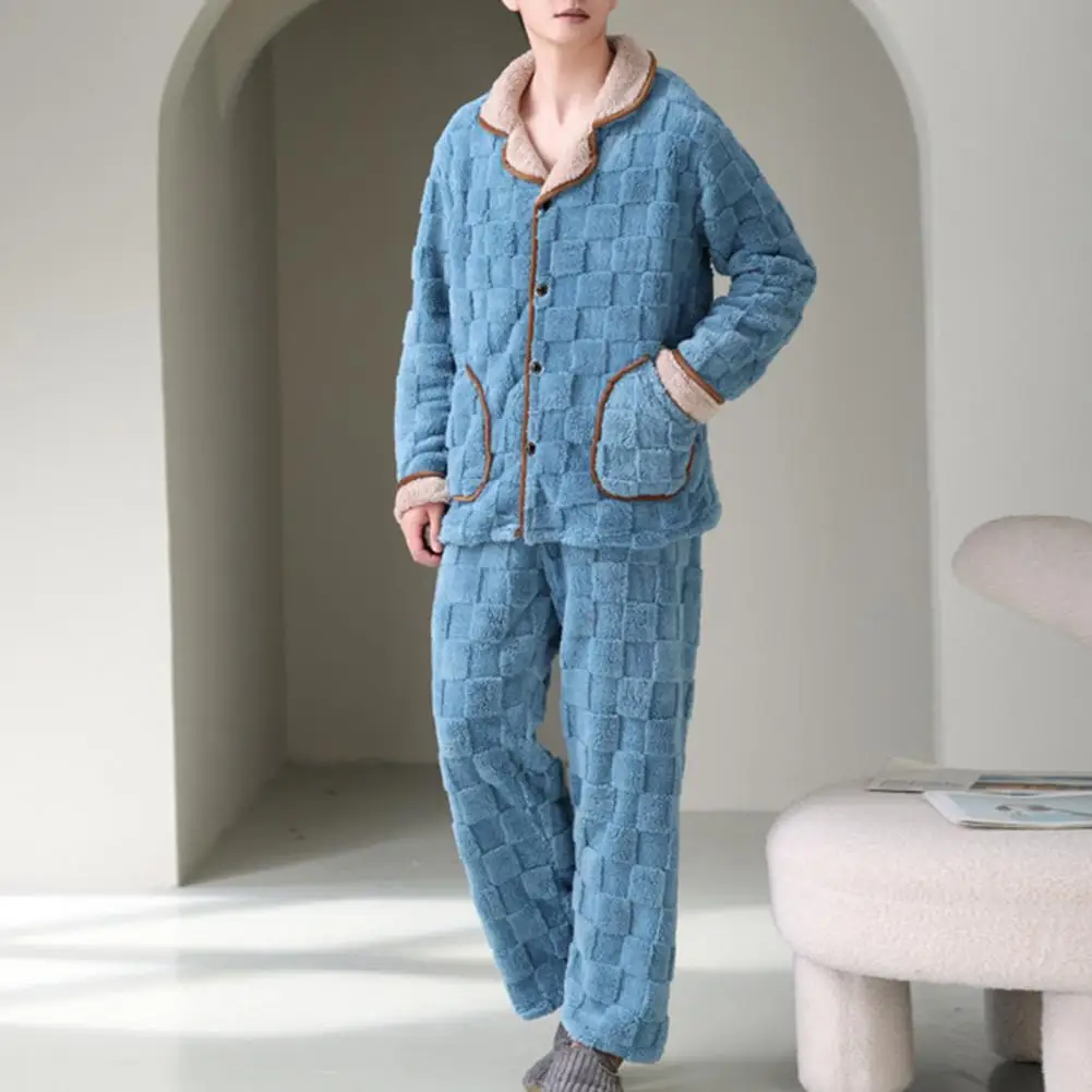 Men Plush Pajamas Set 2 Pcs/Set Winter Loungewear Thick Elastic Waist Pockets Coral Fleece Pants