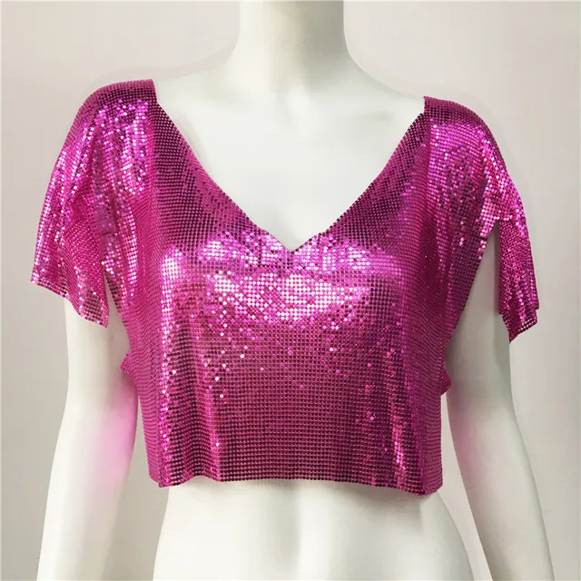 Glitter Chainmail Short Sleeve V Neck Top 46