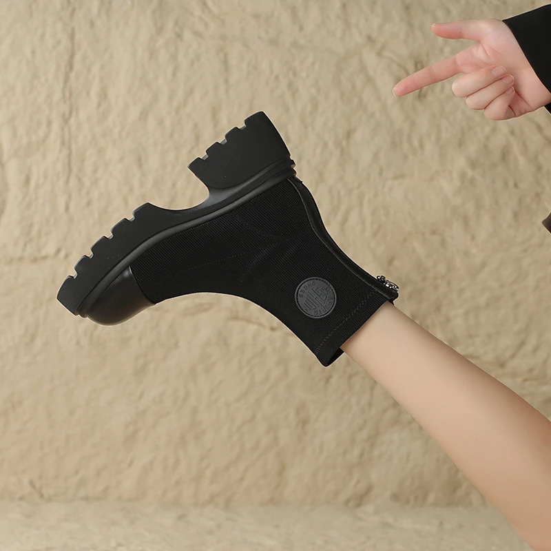 Aphixta Classic Elegant Round Toe Ankle Boots Women Winter Shoes Back Zip Square Heels Women Boots Black Platform Sock Boots