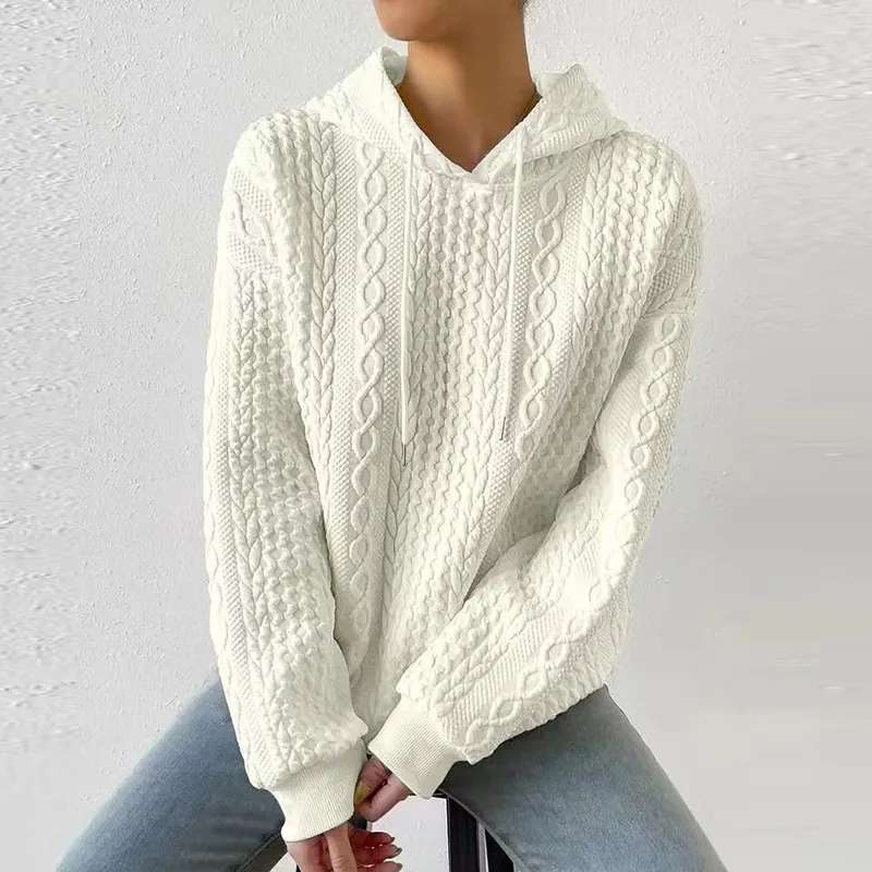 Women's Oversized Medium Weight Long Sleeve Solid Color Hoodie with Drawstring Casual Mid-Length Jacquard Women's Sweatshirt
