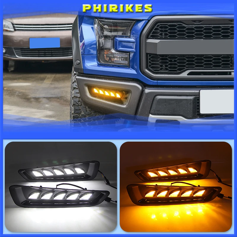 

2pcs Waterproof Car LED DRL For Ford F150 Raptor 2016 2017 2018 2019 LED Daytime Running Light Turn Signal Amber Fog Lamp