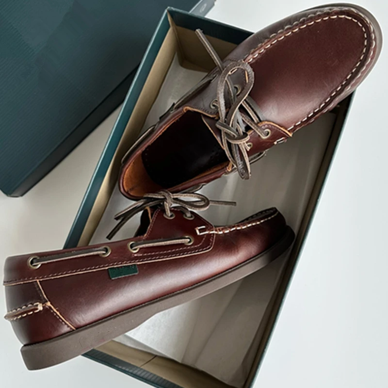Dave&Di French Lazy Minimalist Oil Wax Cowhide Handmade Loafers Flat Shoes, Vintage Sailor Mocasin Shoes Men's Shoes 2