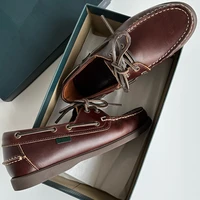 Dave&Di French Lazy Minimalist Oil Wax Cowhide Handmade Loafers Flat Shoes, Vintage Sailor Mocasin Shoes Men's Shoes 2