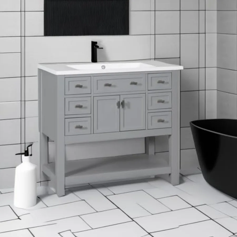 36'' Bathroom Vanity with Single Sink Combo Modern Bathroom Sink Cabinet with 2 Soft Closing Doors Solid Wood Frame Vanities 6