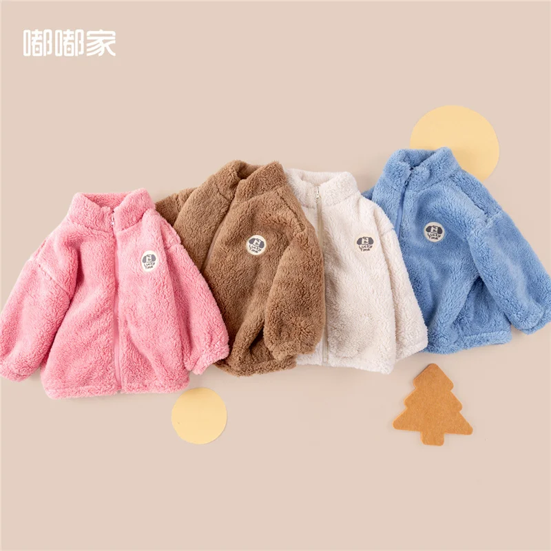 

Kids Lamb Wool Coats Autumn Winter Patchwork Warm Jackets Girls Boys Plus Velvet Thick Outerwear Padded Sweatshirt 0-5 Years