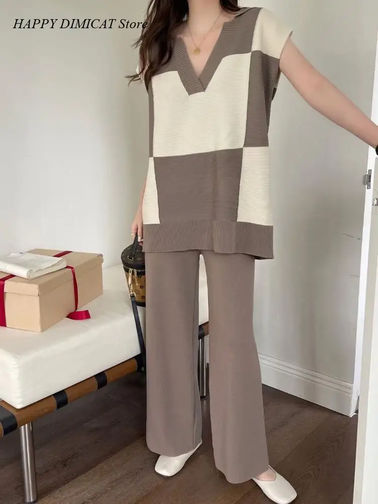 Women's Sleeveless Oversized Summer Tracksuit Knit Plaid V-neck Loose Pullover Sweater Top + Wide Leg Pant Sets 2 Piece Outfit