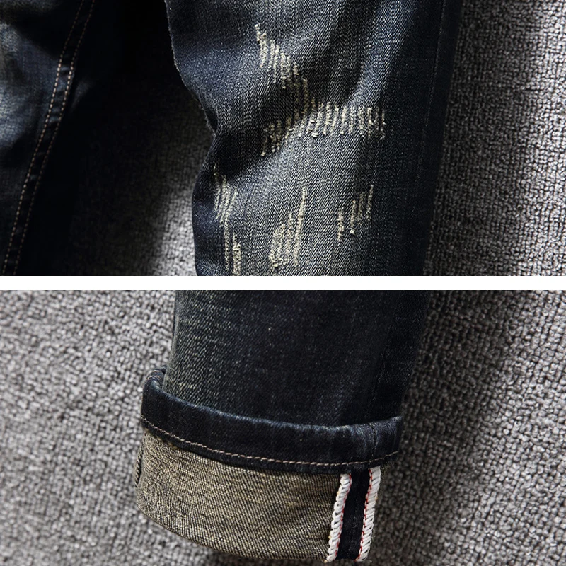 Newly Designer Fashion Men Jeans Retro Black Blue Elastic Slim Fit Ripped Jeans Men Trousers Vintage Casual Denim Pants Hombre