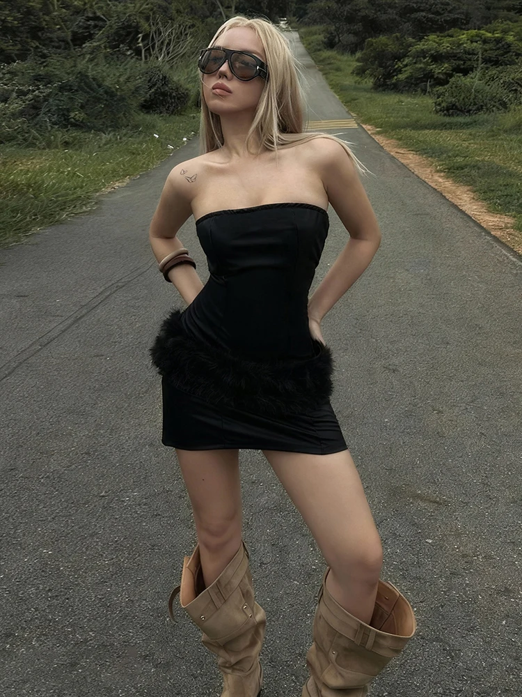 Nibber Sexy Fluffy Waistband+Leather Sleeveless Backless Mini Bodycon Midnight Hottie Music Festival Fashion Skinny Streetwear