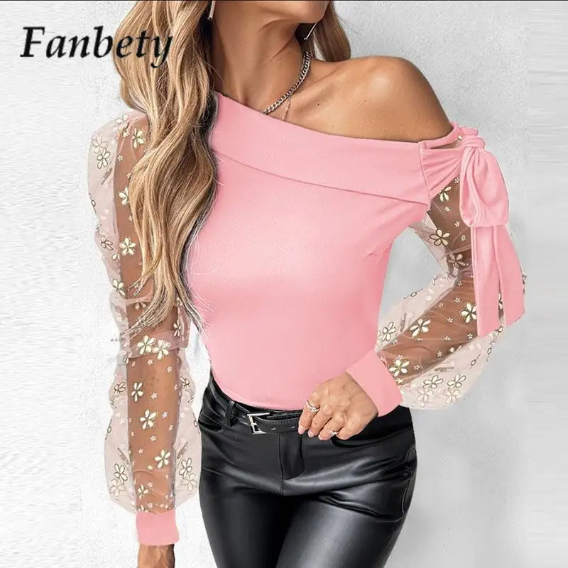 

Casual Mesh Printing Splicing Long-Sleeved Blouse 2024 Fashion Commuter Versatile Jumper Chic Slash Collar Lace-Up Bow Shirt