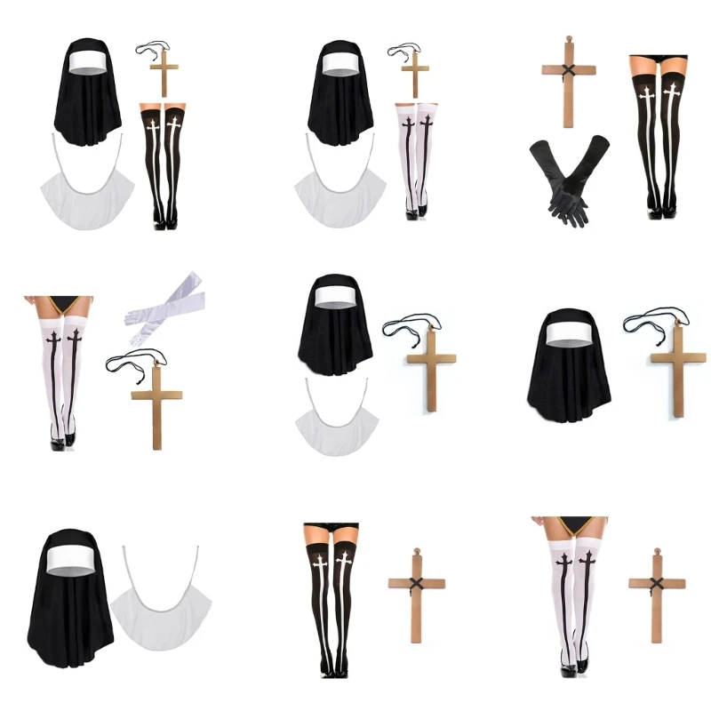 

MXME Nun Costume with Pendant Necklace Nun Hat Halloween Cosplay Party Costume