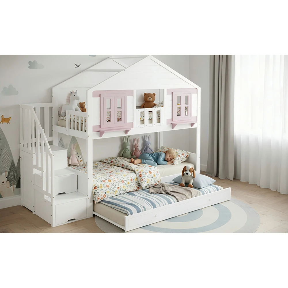 Modernes Kinder-Etagenbett mit Ausziehbarem Zusatzbett, Hängender Aufbewahrung, Niedlichem Fenster- & Dachdesign, Stabilem Lattenrost, 90x200cm – Detail 9