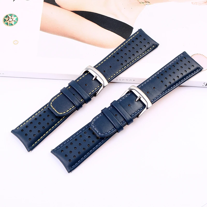Genuine Leather Watchband - 22mm/23mm Curved End Strap in Navy Blue