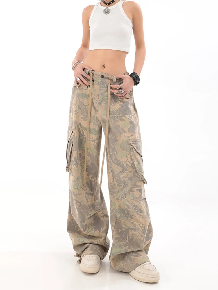 WomenKhakiCamoCargoPantsY2kVintageWideLegCamouflagePants