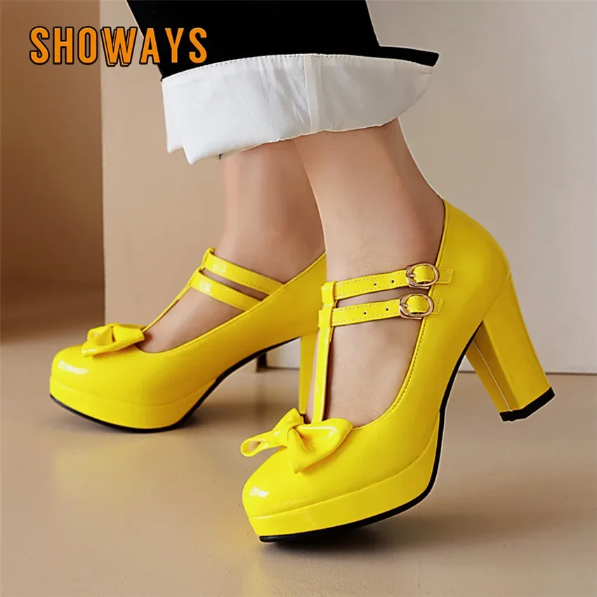 

Plus Size Women Mary Janes Shoes Sweet Bow Red Pink Patent Leather High Chunky Heels Party Office Round Toe Lolita T-strap Pumps