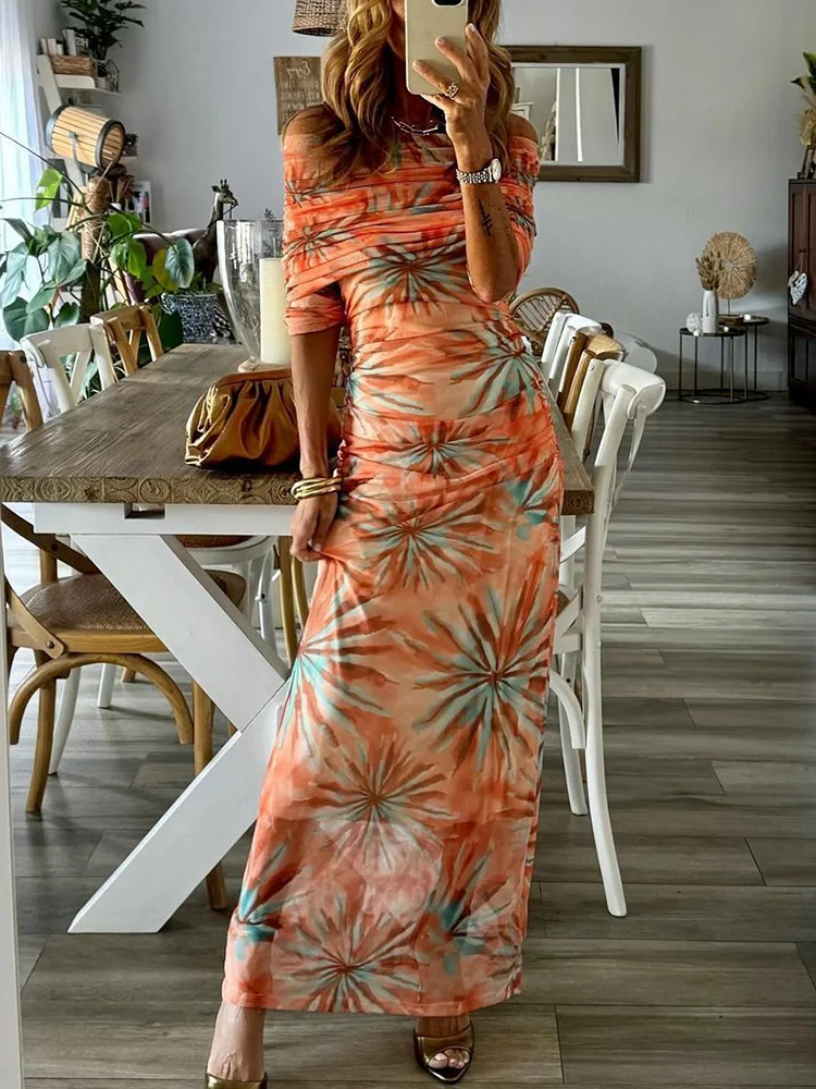 

Slash Neck Slim Sexy Loungewear Dress, Women Summer Long Sleeve Fashion Maxi Dress, Printing Patchwork Ladies Dress Streetwear