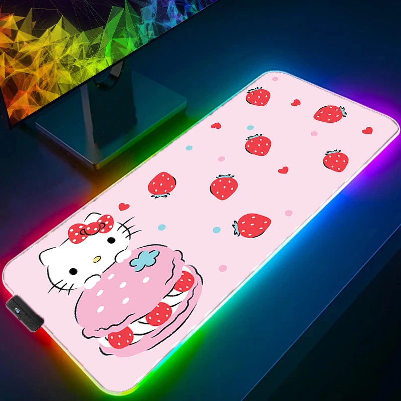 

RGB Kawaii Anime Hello Kitty Mouse Pad LED Computer Luminous XXL Mousepad Laptop Pink Sanrio Desk Mat For Girl Gift Keyboard Rug