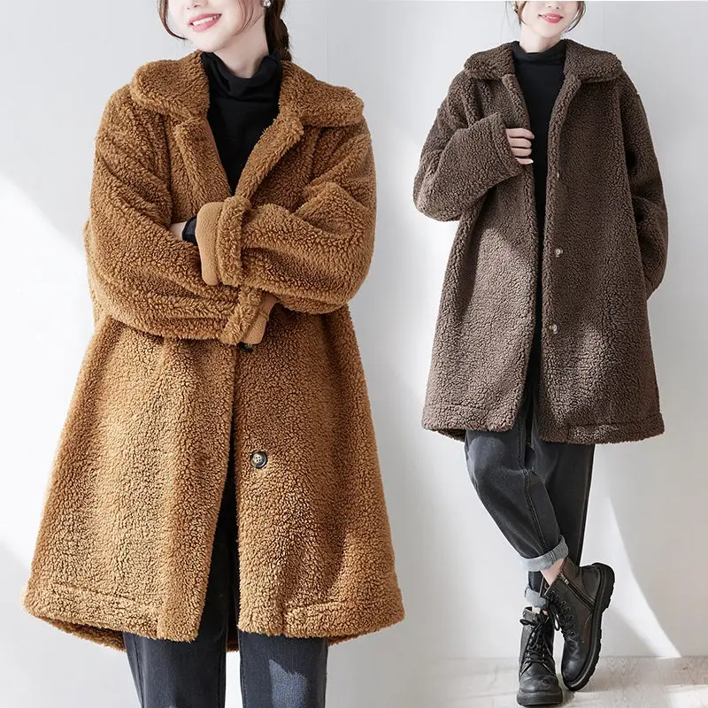 

Windproof Warm Single Breasted Long Lamb Wool Coat Autumn And Winter 2022 Casual Loose Furry Jacket Women Overcoat Abrigos T845