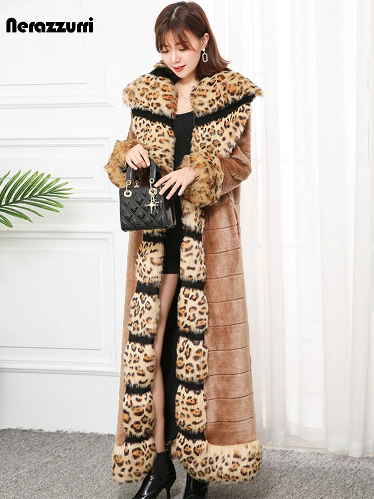 

Nerazzurri Winter Extra Long Fluffy faux fur coat women with leopard fox fur trim Lengthened furry Warm fake mink fur overcoat