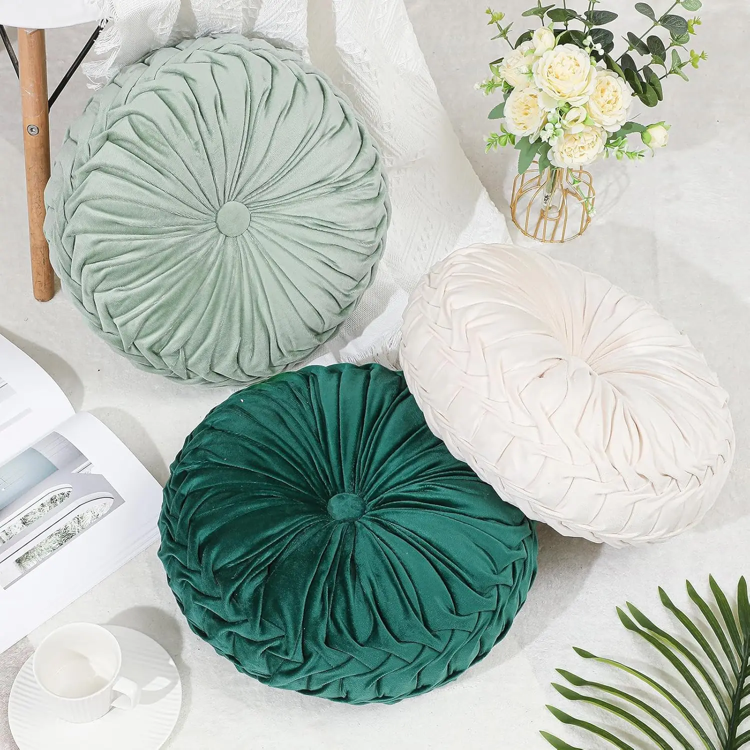 Velvet Pleated Round Accent Pillow - Boho Pumpkin Design