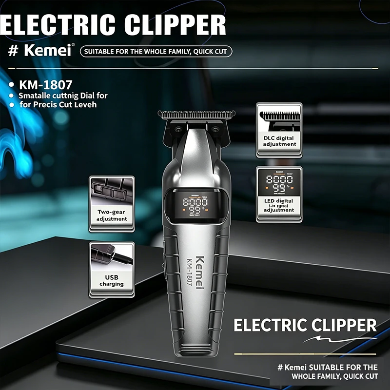 케메이 KM-1667 트리머 프로페셔널 10W 9000RPM 모터 충전식 헤어 클리퍼 DLC 블레이드 LED 디스플레이 트리머 남성용