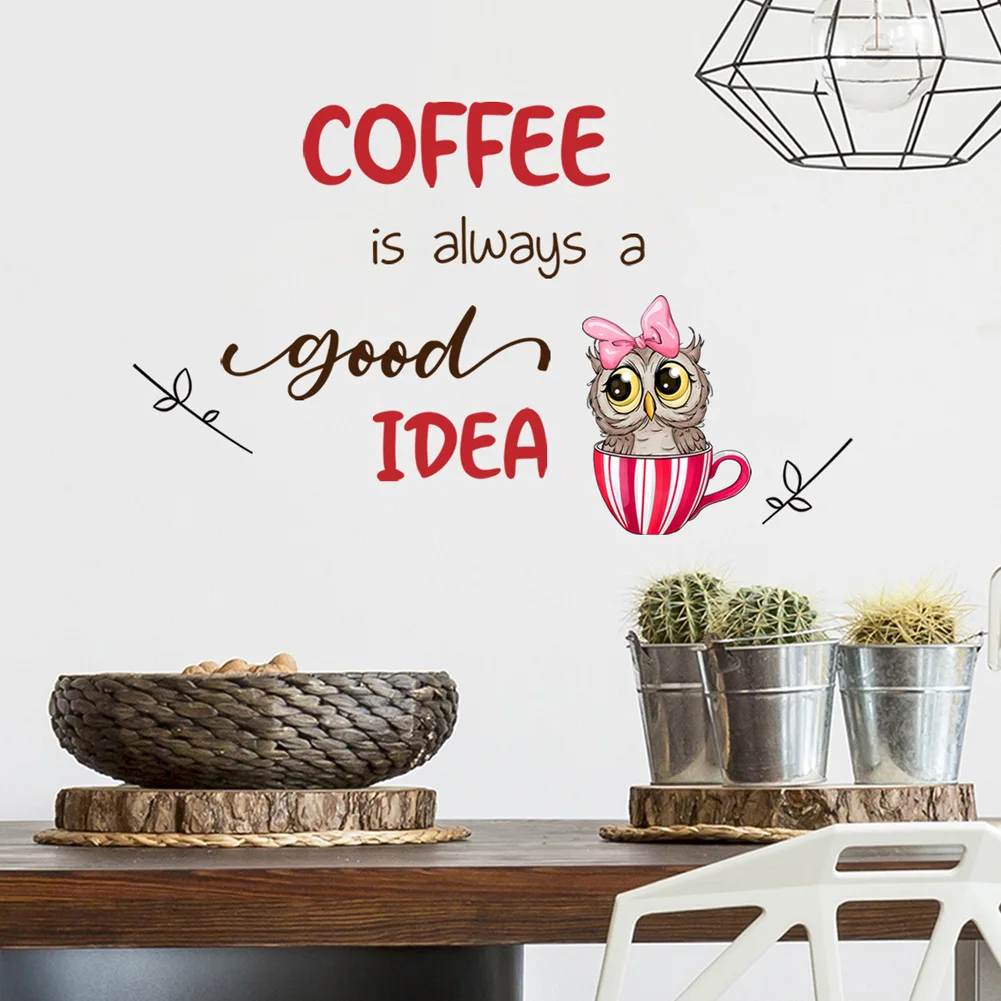 Cute Coffee Owl Bow Wall Sticker For Kitchen Restaurant Background Home Decoration Mural Cafe Room Decor Self-adhesive Wallpaper
