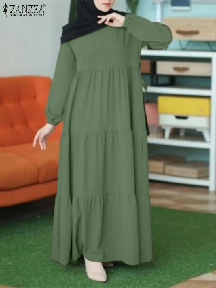  - Eid Mubarek Ramadan Turkey Muslim Dress ZANZEA Vintage Women Long Sleeve Ruffles Maxi Sundress Kaftan Abaya Hijab Dresses Robes