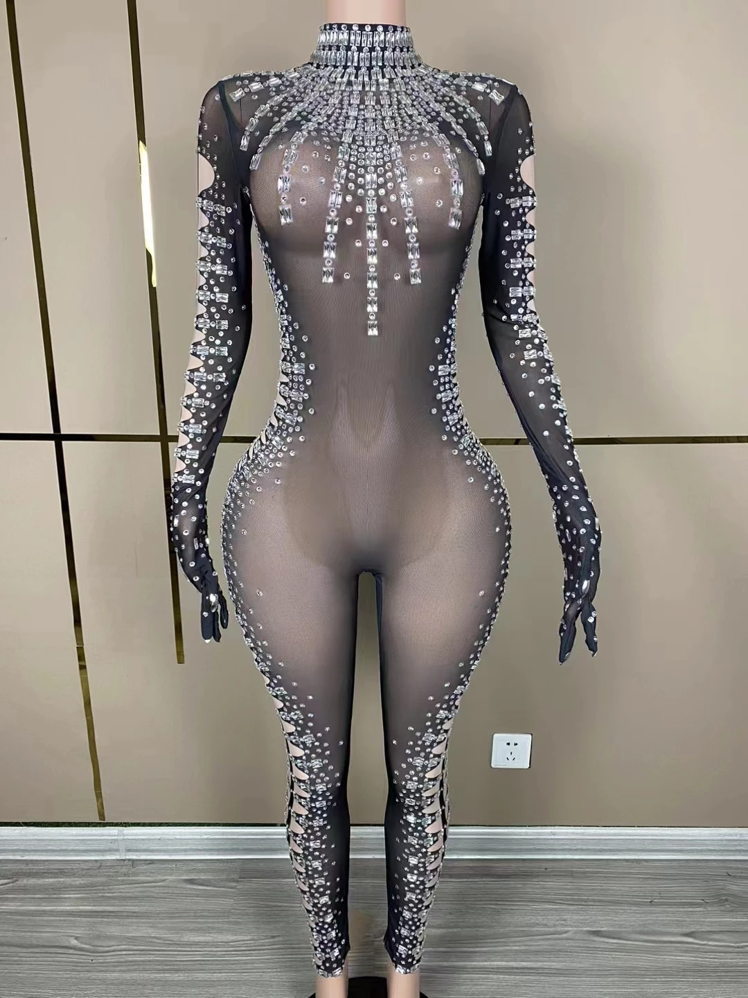 

New Designed Big Pearls Rhinestones Stretchransparentjumpsuit Evening BirthdayCelebrate Outfit Sexy Dancer Bodysuit