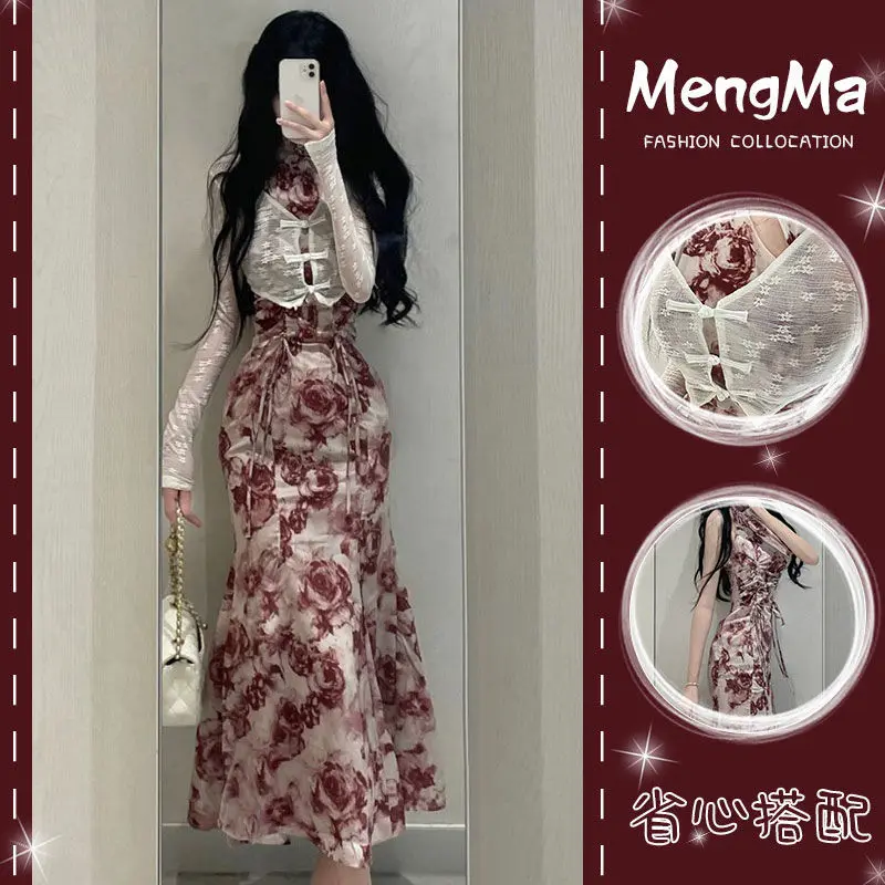 Vintage Long Dress Women Flower Printed Chinese Style Elegant Bodycon Dresses Lady Lace-Up Fairy Evening Party Vestidos Shirring french style dresses women summer puff sleeve high waist a line solid color o neck slim thin waistless office lady dress female