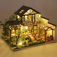 DIY Wooden Miniature Model Kit Bamboo Cottage Casa Doll Houses 3D Puzzle Dollhouse With Furniture Lights for Friends Xmas Gifts 2