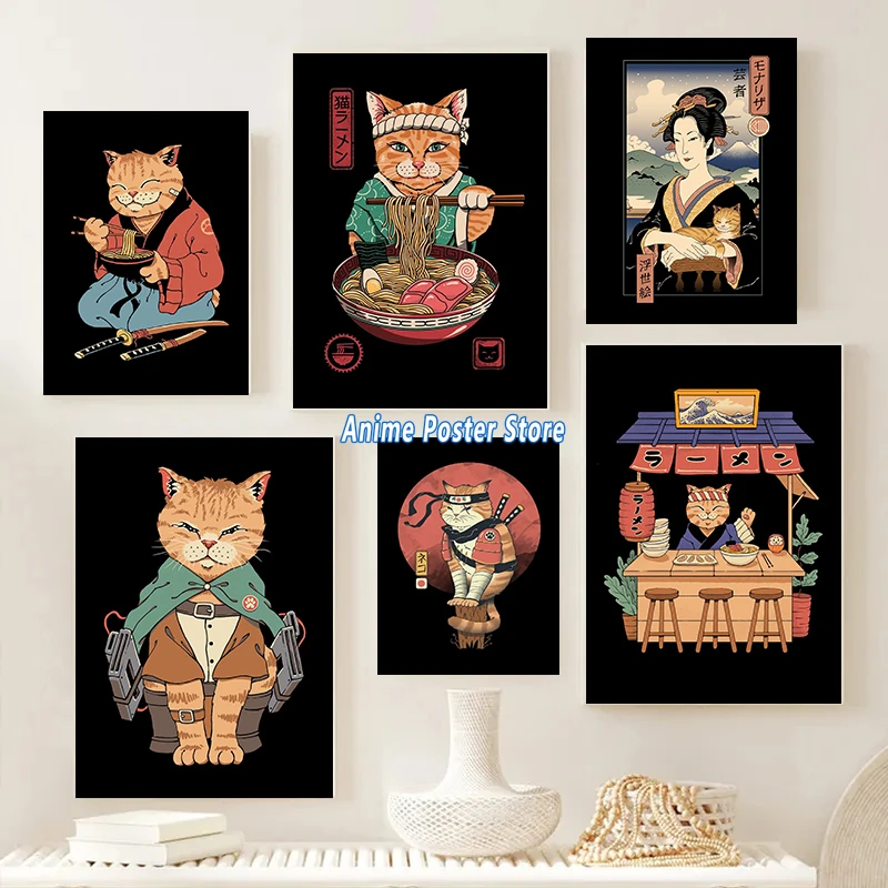 

Japanese Samurai Cat Ramen Nostalgia Home Decoration HD Quality Prints Cartoon Art Animal Posters Canvas Painting for Room Decor