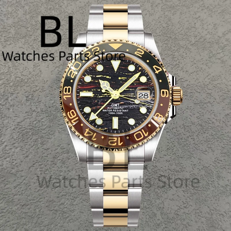 BLIGER Top Brand Luxury 40MM Full Gold Automatic Watch Sapphire Glass Waterproof Tiger-Eye Pattern Doulbe End Link Braclelet