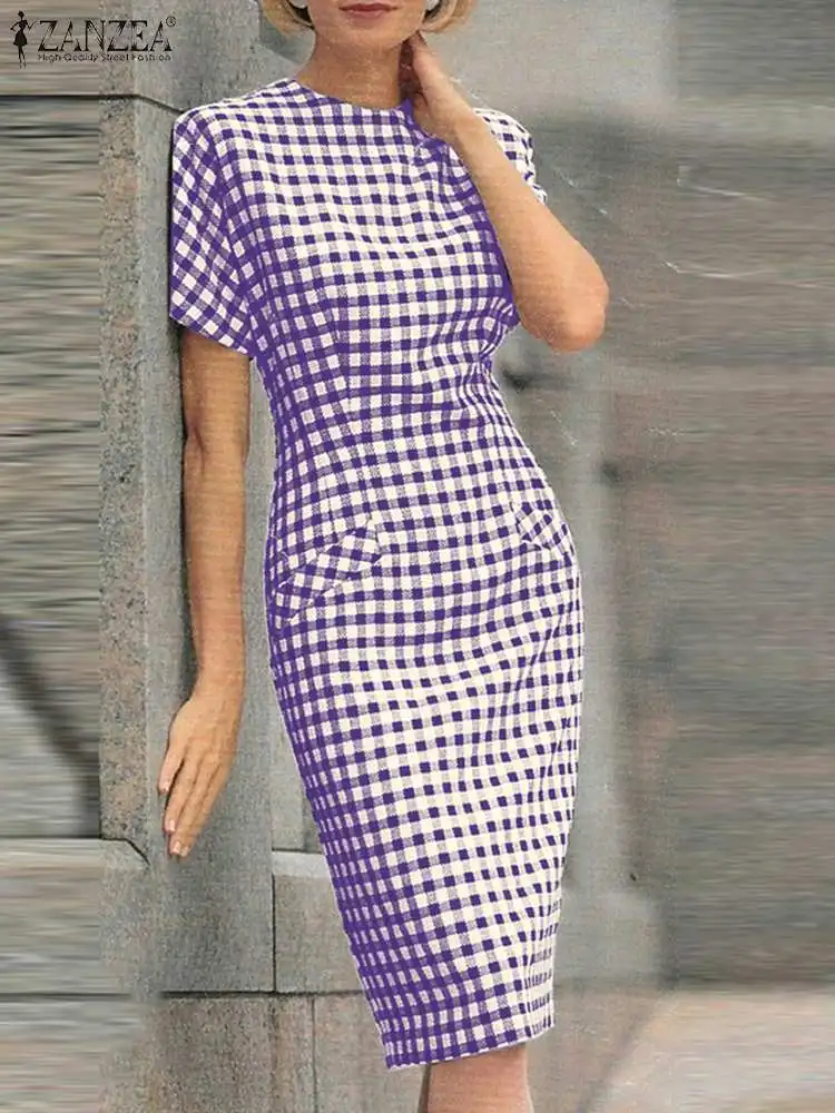 

ZANZEA Fashion Short Sleeve Sheath Short Dress Plaid Knee-length Dress Women Elegant O-neck OL Checked Vestidos Slit Hem Robes