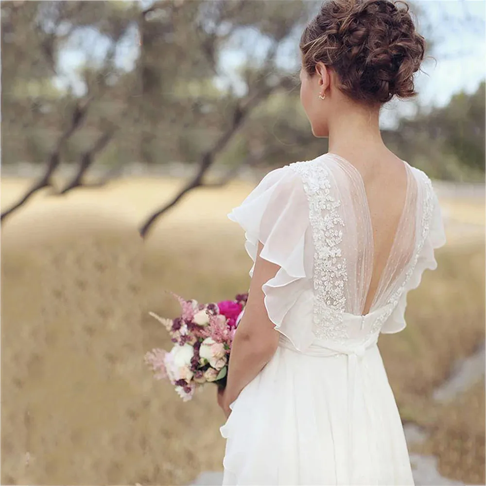 Customized Boho V-Neck Wedding Dresses Chiffon A Line Short Sleeves Backless Floor Length Ruffles Beach Bridal Gowns Bohemian 3