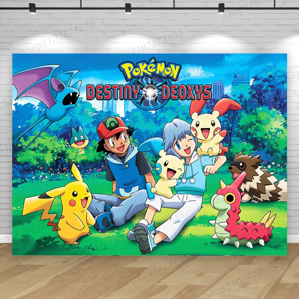 thumbnail image 1 of Fondo de Pokémon, pancarta de feliz cumpleaños, decoración de Pikachu para niños, baby shower, monstruo de bolsillo, accesorios de fondo de anime, póster, 1 of 5
